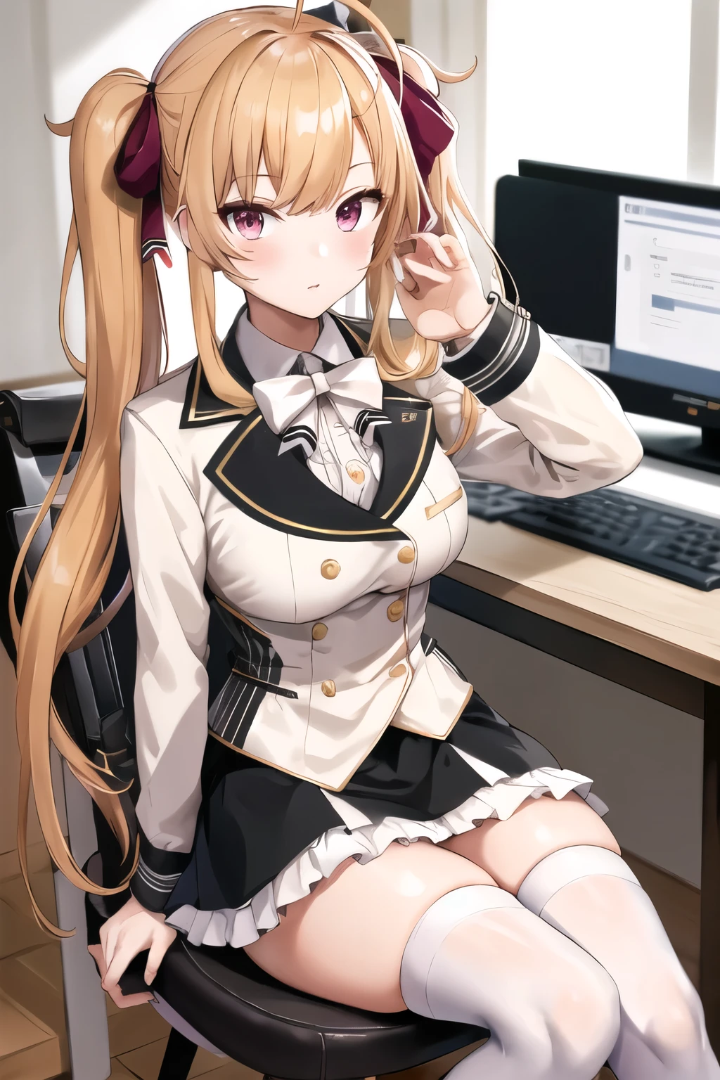 masterpiece, best quality, highres, hmtr, twintails, ahoge, hair bow, red bow, collared shirt, white jacket, white bow, long sleeves, frills, medium breasts, black skirt, white thighhighs, sitting, indoors, computer, monitor, keyboard \(computer\), room, desk, (chair:1.2),