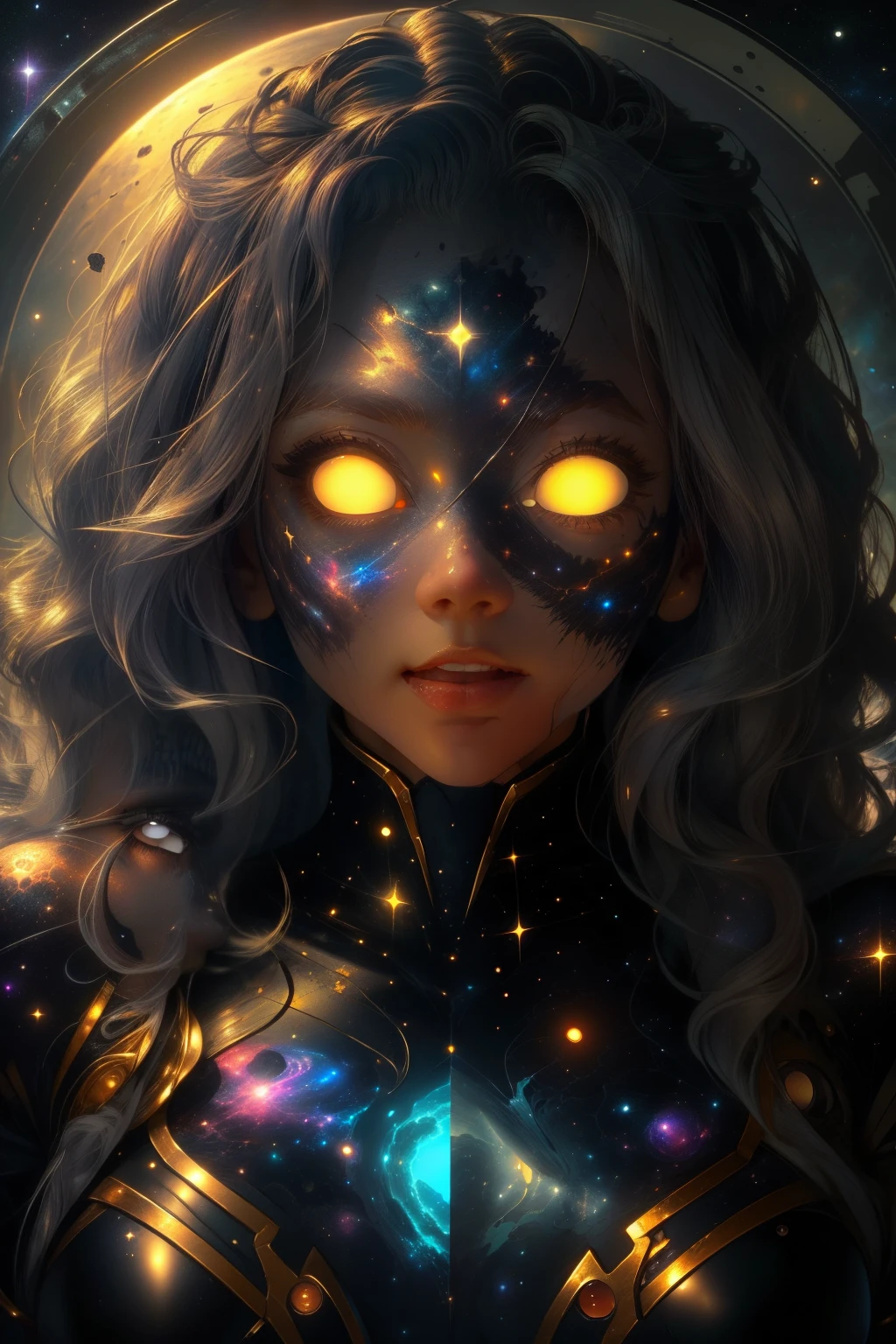 (This is a beautiful and colorful zoomed out fantasy cinematic image.) Generate a (blind) zombie woman with curly hair and milky white eyes. Her face is extremely important and is beautiful with puffy lips, dirty skin, and perfect features. (Her eyes are important.) Her eyes are pure white. Her clothing is silk and torn. Her face and (body) have artful scars and marks. Include fantasy, masterpiece, ornate, cute, colorful, ((in action)), ((shirome eyes:1.3), compelling, energetic, ((celestialskin body)), ((zoomed out))