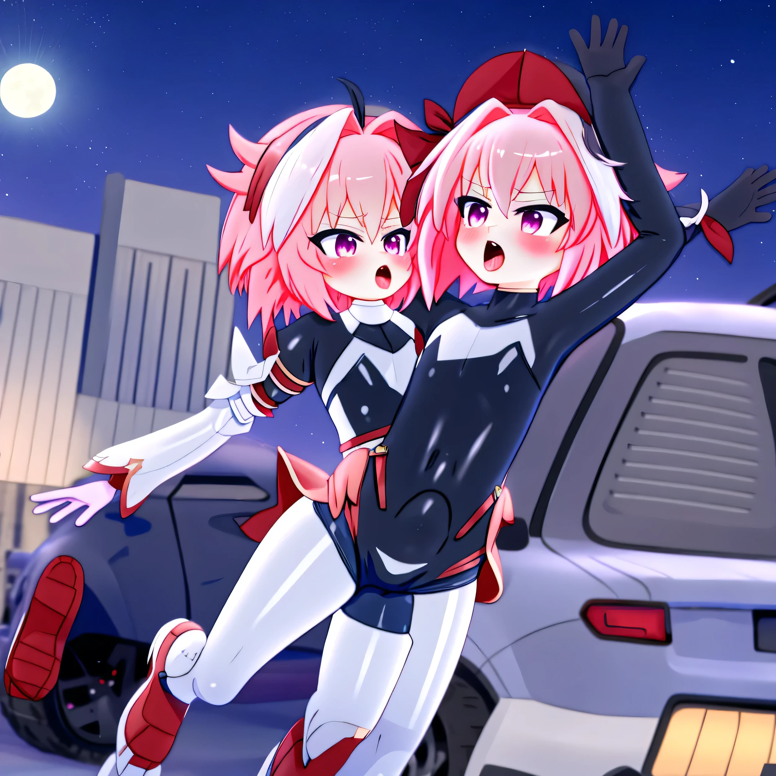 By mantis-x, Astolfo Saber, femboy , superman outfit, stomach bulge, orgasm expression, erect nipples, flat chest, young, blush, night, moon, standing on the car, big city on the background 