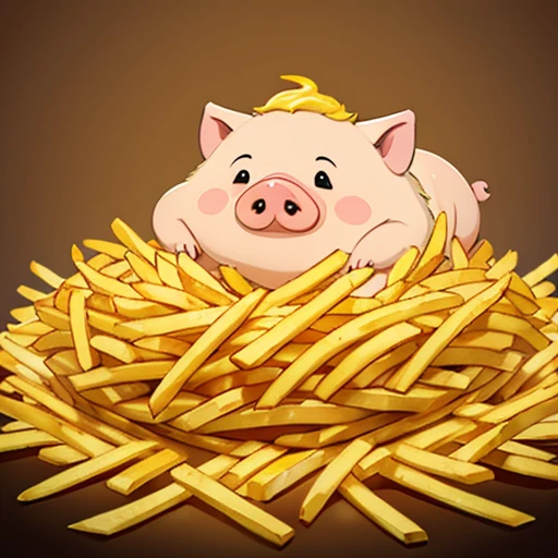 (a super fat pig sitting in a pile of french fries), abstract, 2d, illustration, yellow-brown tone, scary