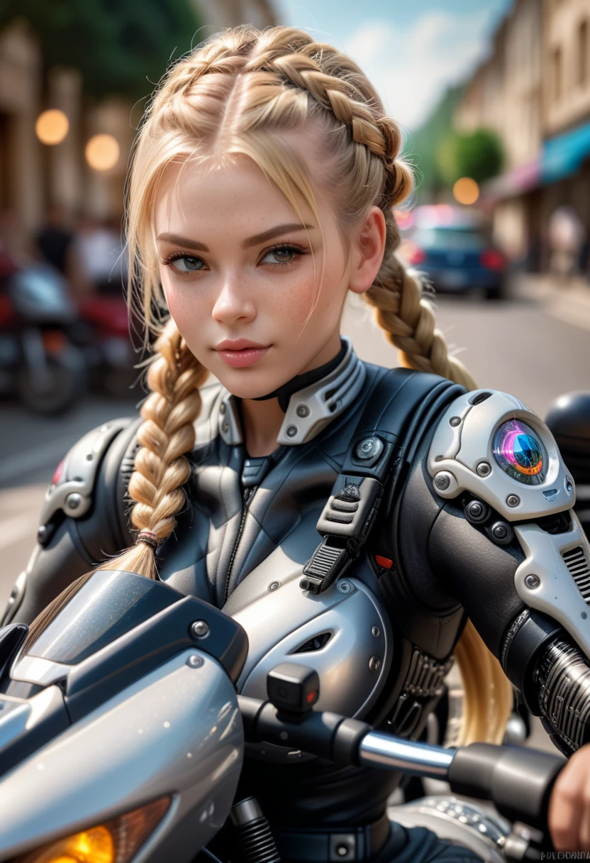 Street, motorcycle, Sexy cyborg girl sitting on motorcycle, french braid, blonde hair, bokeh, f1.4, 40mm, photorealistic, raw, 8k, textured skin, skin pores, intricate details