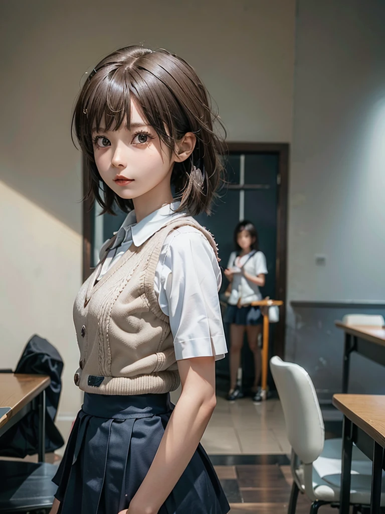Masterpiece, Top Quality, Top Mikoto, brown eyes, short hair, small breasts, looking at viewer, alone, closed mouth, collared shirt, beige knit vest, dark blue Skirt, school_uniform, shirt, white_shirt, classroom,Masterpiece, highest quality, 8K, detailed skin texture, fine cloth texture, beautiful detailed face, intricate details, super detailed,cute,cute posing,composition that shows the whole body,