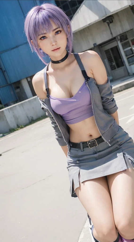 AYANE, purple hair, (melhor qualidade,ultra-detalhado,Realista:1.37), lindo rosto detalhado,Simetria perfeita,corpo perfeitamente modelado,Maquiagem perfeita,cores vivas,studio lighting