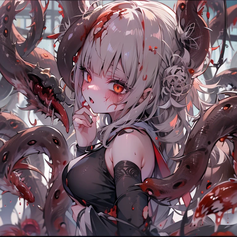 masterpiece, best quality, masterpiece,best quality,official art,extremely detailed CG unity 8k wallpaper, show foot, ***********, solo, kawaii, no_humans, medium hair, black hair, tentacle hair, saliva, blood on face, light blush, red eyes, blood from eyes, large breasts, hanging breasts, one breast out, seifuku, black pantyhose, uwabaki, tentacle, vore, bdsm, girl_on_top, sex, femdom, facesitting, pussy_juice, female_ejaculation, cum, zombie  girl ，one girl one boy，Girl infects man，Man under girl，Zombie girl，Blood on the face，Zombie girl感染人类，Zombie Lori，White stockings