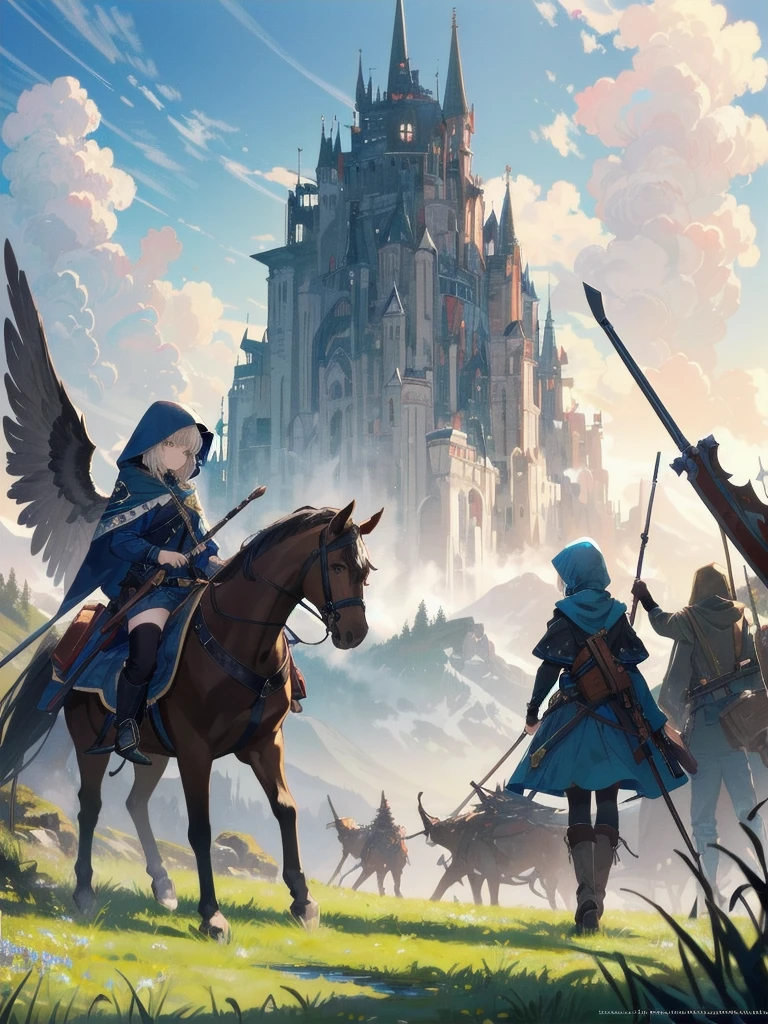 (Masterpiece, top quality, highest quality, official art, beautiful and aesthetic: 1.2), 1 girl, solo, marquise, adventurer, hood, meadow, detailed background, otherworldly fantasy with overwhelming modeling and super detailed amount of writing, one of the most powerful battle scenes, deep and detailed background, cute and beautiful girl, imaginative Cute girls, imaginative posing