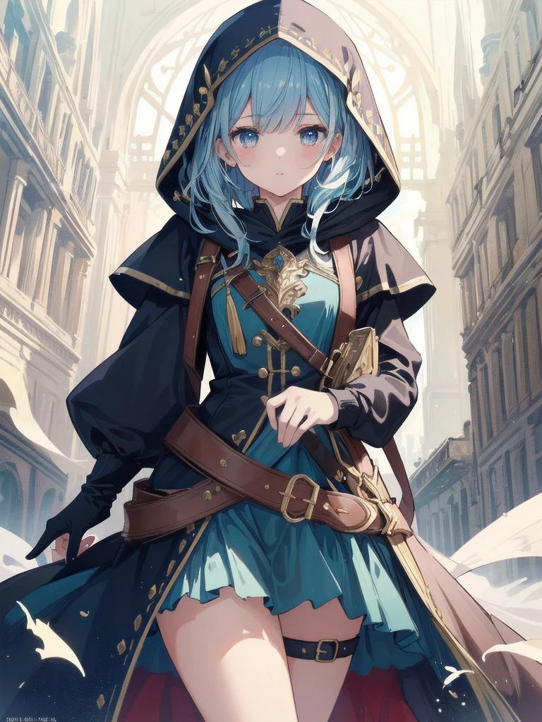 (Masterpiece, top quality, highest quality, official art, beautiful and aesthetic: 1.2), 1 girl, solo, marquise, adventurer, hood, meadow, detailed background, otherworldly fantasy with overwhelming modeling and super detailed amount of writing, one of the most powerful battle scenes, deep and detailed background, cute and beautiful girl, imaginative Cute girls, imaginative posing