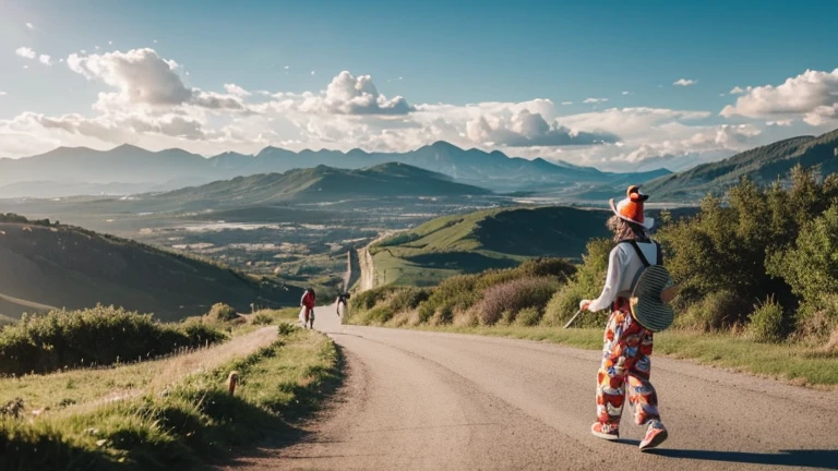 un clown vu de dos, qui marche vers la lumiere avec une guitare a la main dans un paysage merveilleux