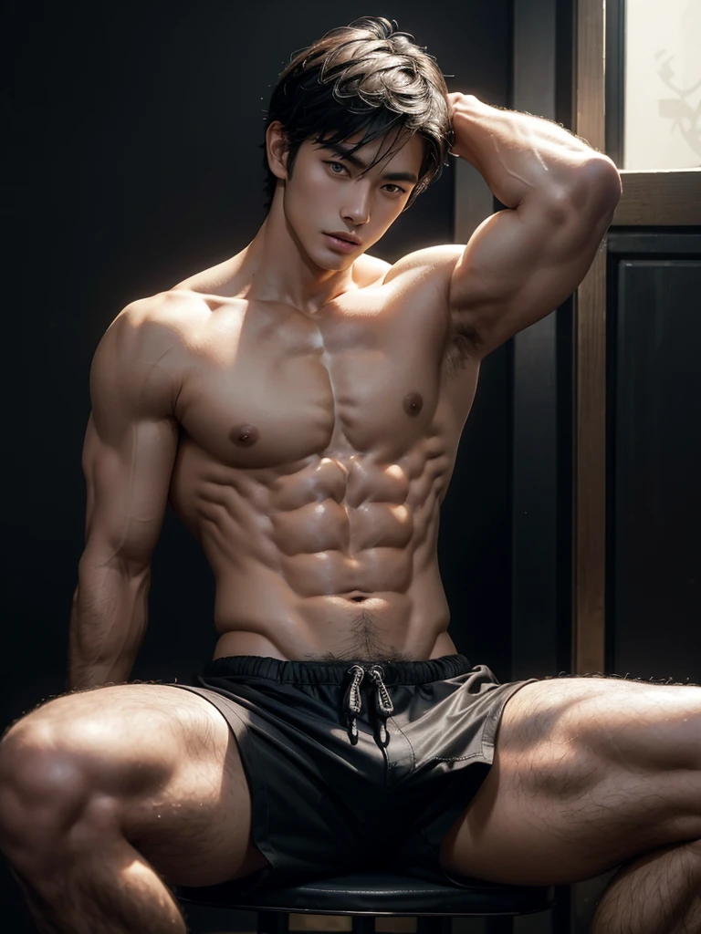 Masterpiece, Best Quality, Solo, Asian Model Men, muscular, white skin, lifted arms, spread legs, sitting, wearing black sexy shorts, studio background, standing, hard lighting, Natural eyes, Short and delicate black hair, Sexy Man, looking at the viewer, shirtless, Small plots, Muscular posture, pubes, (extremely handsome: 1.2), 8K, Ultra HD Resolution