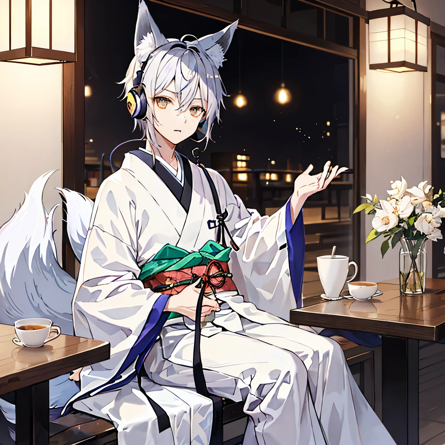 boy、handsome、male、Sitting in a traditional Japanese cafe and listening to music with headphones、one person、((male性))、youth、((Fox ears))、Silver Hair、Fox ears、Fox's Tail、kimono、Japan、Lo-fi anime style
