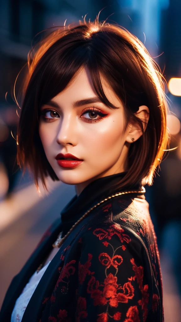 beautiful girl, half-length portrait, short bright red tousled hair, black eyeshadow, (street style clothes:1.2), (city background:1.2), dark makeup, digital art, trending on Artstation, highly detailed, detail fine, intricate, beautiful detailed glow, detailed, cinematic light, high resolution, detailed facial features, sharp focus, soft, aesthetic,