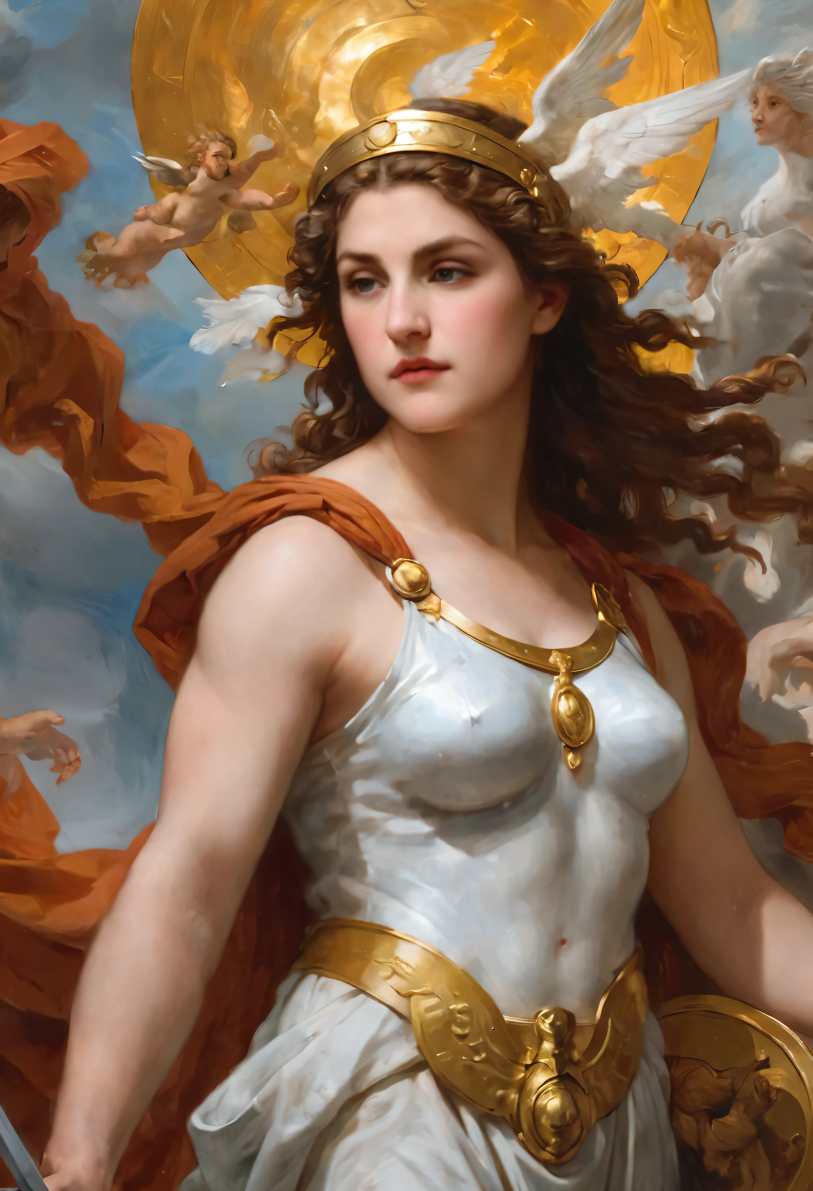 a concept art piece depicting the Greek goddess Athena from Greek mythology in the style of Peter Paul Rubens. Capture the essence of Athena as the goddess of wisdom, warfare, and the arts, blending elements of classical Greek art with Rubens' Baroque style. Focus on incorporating Rubens' characteristic dynamic compositions, rich colors, and dramatic lighting to bring out the strength and wisdom associated with Athena. Pay attention to details such as her iconic helmet, shield, and spear, while infusing the artwork with a sense of power and grace reminiscent of both Rubens and the ancient Greek goddess,no people in the background, ethereal nature background, no crowds,