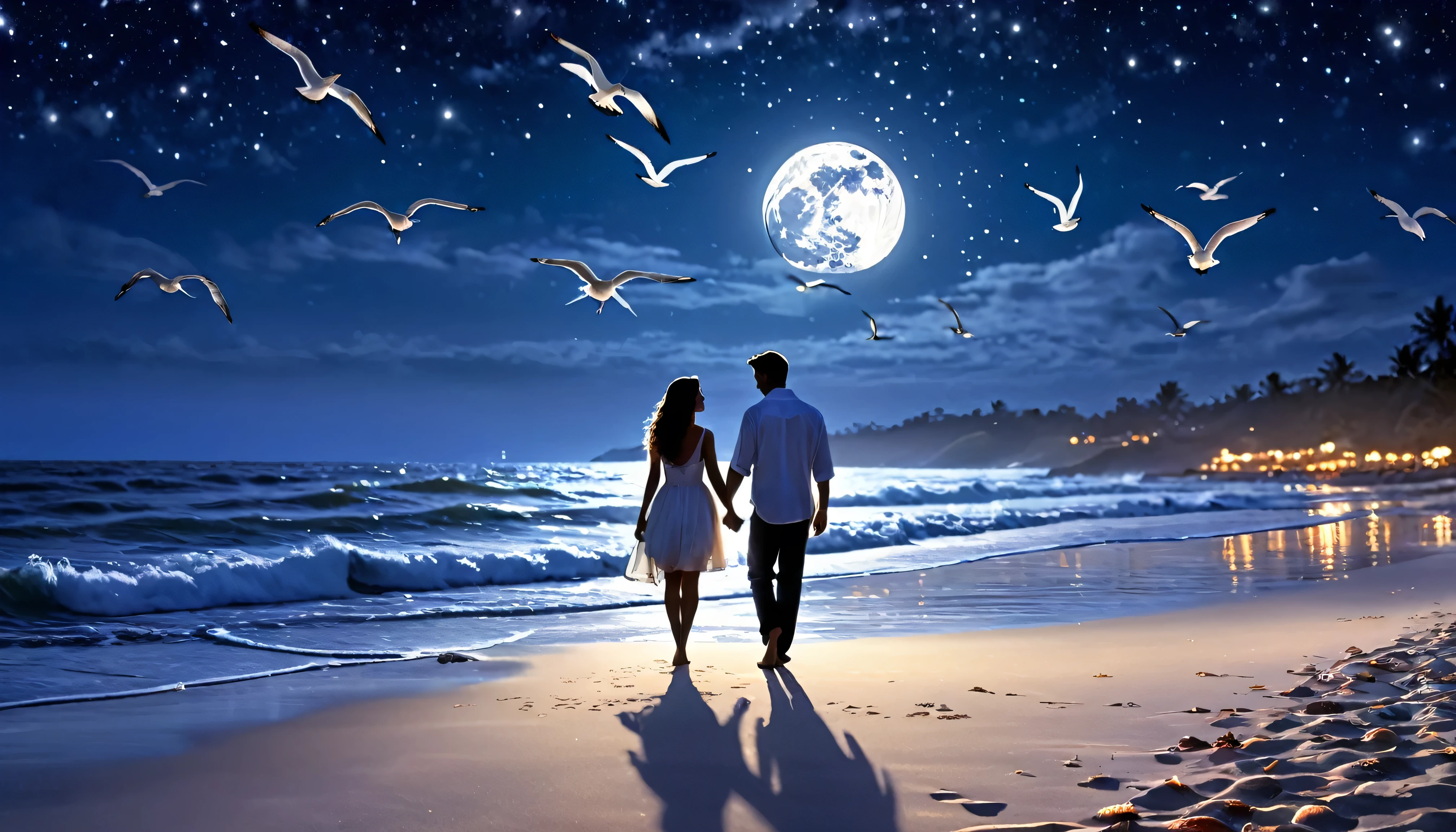 (highres:1.2),romantic beach scene,beautiful couple,starlit night,full moon,(mystical,candlelit,ethereal)atmosphere,soft waves,luminous seashells,sparkling sand,dreamy reflections,warm breeze,happiness and love,gentle caresses,whispers in the air,seagulls soaring in the sky,hand in hand stroll,moonlit kisses,serenity and peace,eternal bond,silhouette against the moonlight