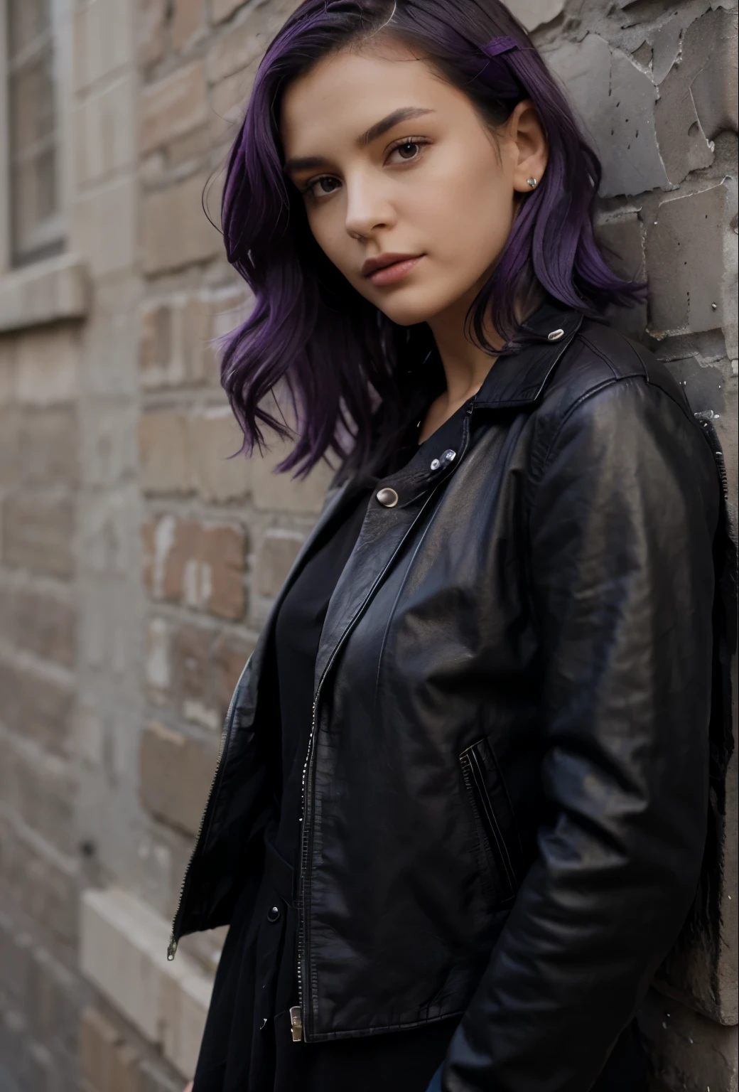 A woman wearing a black leather jacket with purple hair black shirt standing on a wall