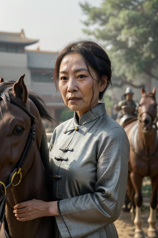 With terracotta warriors and horses art style, portrait,An old Chinese lady,Looks like veteran Chinese actress Wang Yumei,Wrinkled face,Dark Skin,Expectant expression and eyes,Messy short gray hair fluttering in the wind,Raise one hand to cover forehead,look out,(Dynamic action to block sunlight:1.2)