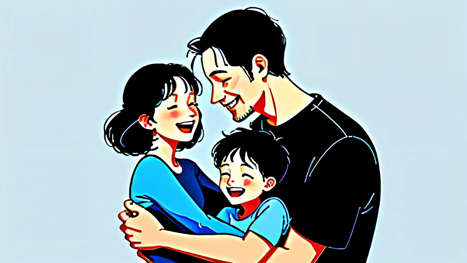 Happy family, illustration of mother, father and son hugging and rejoicing., isolated light blue background, digital drawing, sgv, adobe illustrator, medium black lines, 32k --ar 5:3