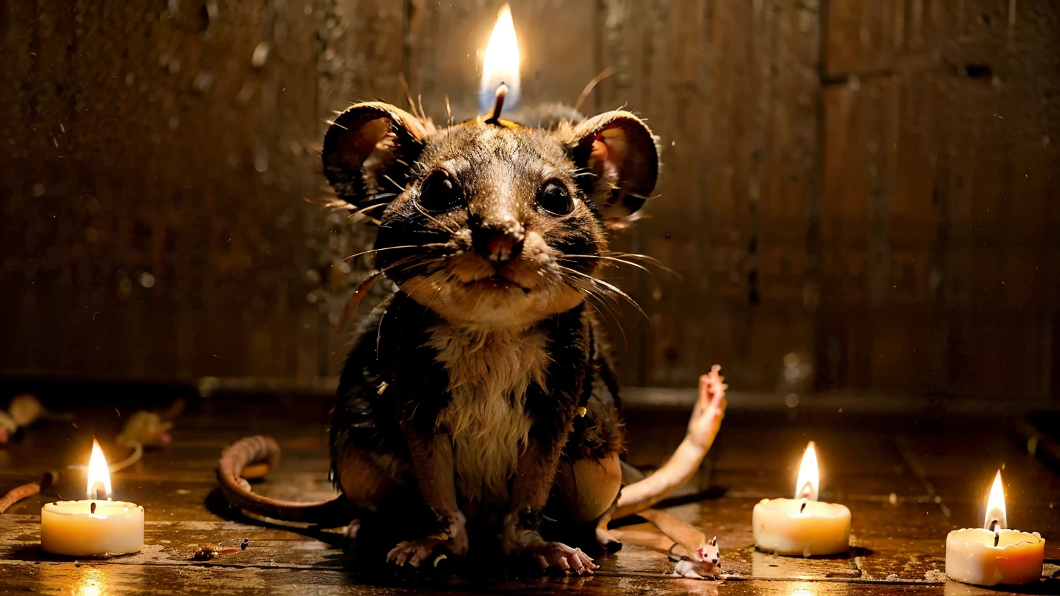 uma boneca antiga, and lots of mice around. There are several candles lit.