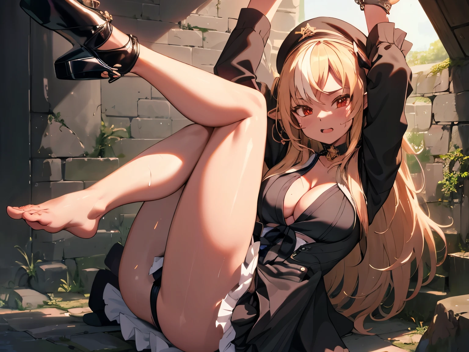 a cute girl, {arms up,chain, chained, chained arms} , stone floor and wall, prison,detailed wall, blush,embarrassed, sweatdrop, {{{Crying a lot, Sweaty, orgasm face, cute}}} ,perfect lighting, high detailed skin, gleaming skin, (large boob:1.2), shiranui flare, dark skin, solo, long hair, blonde hair, streaked hair, pointy ears, grey dress, beret, black choker, black jacket, long sleeves, sailor dress, red eyes, black ribbon, frills, bangs, open clothes, striped dress, open jacket, collarbone, white hair, black dress,, wet,(both legs up:1.7),(spread legs:1.5), ((breast close up)), beautiful legs ,

