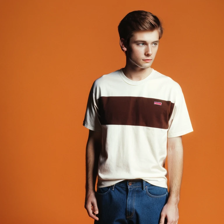 1996 style, preppy style clothing, twenty five year old man, brown short hair, blank black background, 90s clothing, 1990s, studio portrait