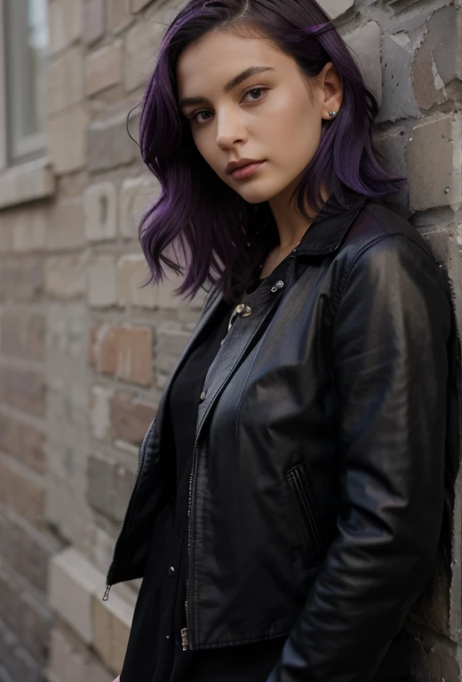 A woman wearing a black leather jacket with purple hair black shirt sitting down