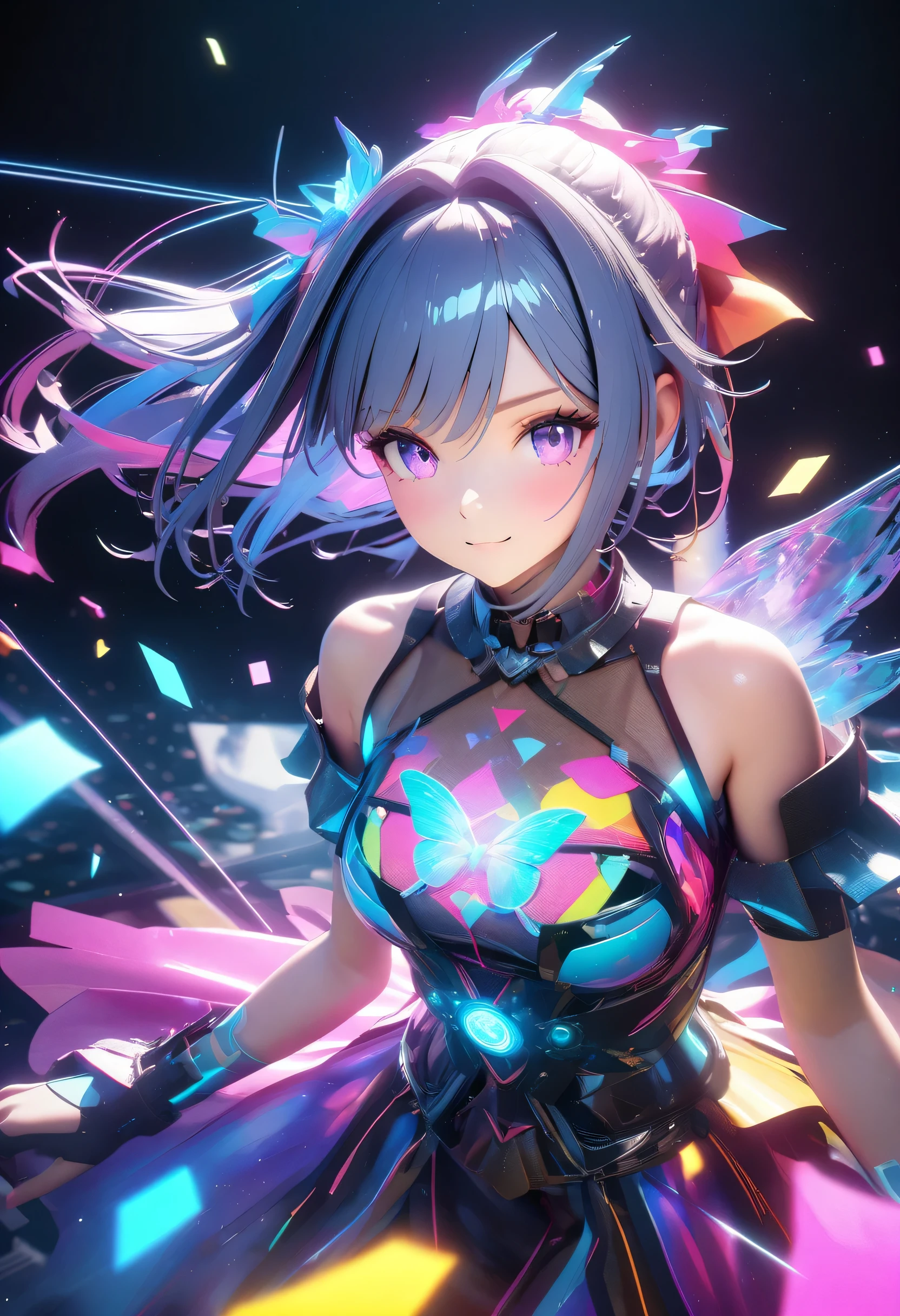 holography, Draw in neon colors:3 girls:future,Idol, transparent, 3D, Light, SF, Digital art, Digital, scientific, Dark Background: electronic circuit: Draw in neon colors, 3D, masterpiece, Digital space, energy, beautiful, masterpiece, 8k, Light, become close, Vibrant, colorful, Nice, beautiful, Rich colors, beautiful Light Lines. Magical Effects, Shine, beautiful Light Grains,,BRAKE,Girl with long hair in the center,,BRAKE,Short hair girl on the right,,BRAKE,Girl with ponytail on the left,,BRAKE,Idol concert scene,flash,Very flash,Sparkling,Confetti,Grains of Light,Great concert scene,Super Idol Stage,perfume,three views