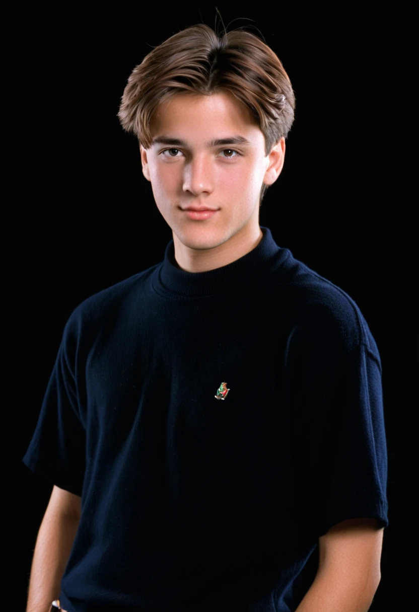 1996 style, preppy style clothing, twenty two year old man, brown short hair, blank black background, 90s clothing, 1990s, studio portrait