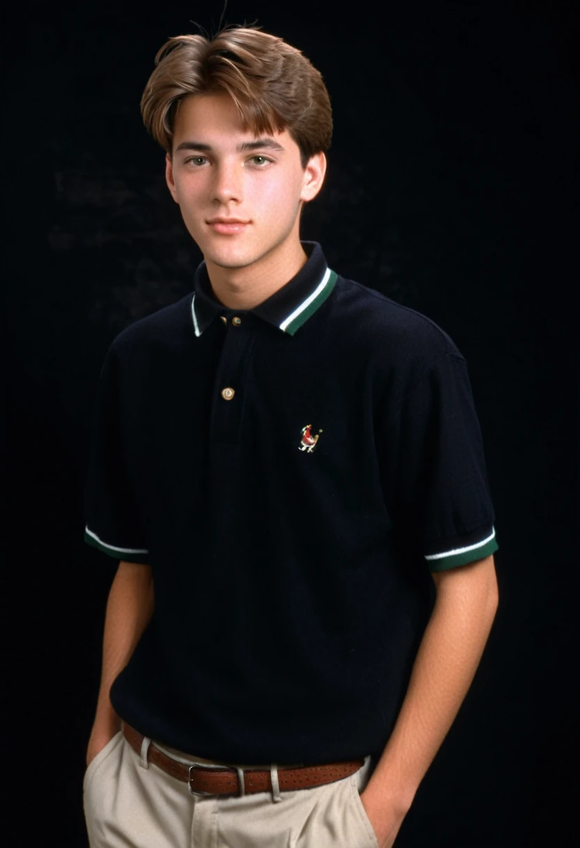 1996 style, preppy style clothing, twenty two year old man, brown short hair, blank black background, 90s clothing, 1990s, studio portrait
