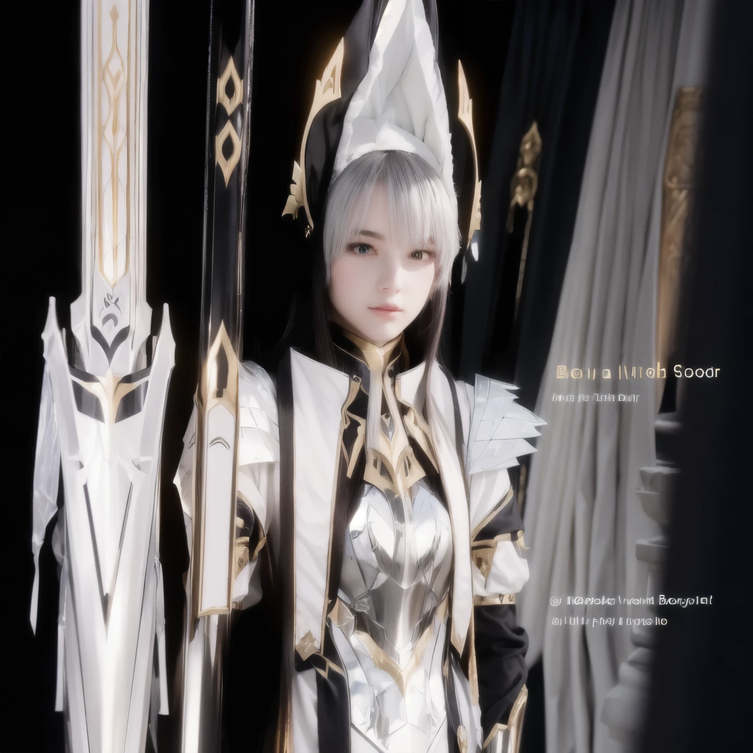 Beauty girl character with sword and armor in a dark room