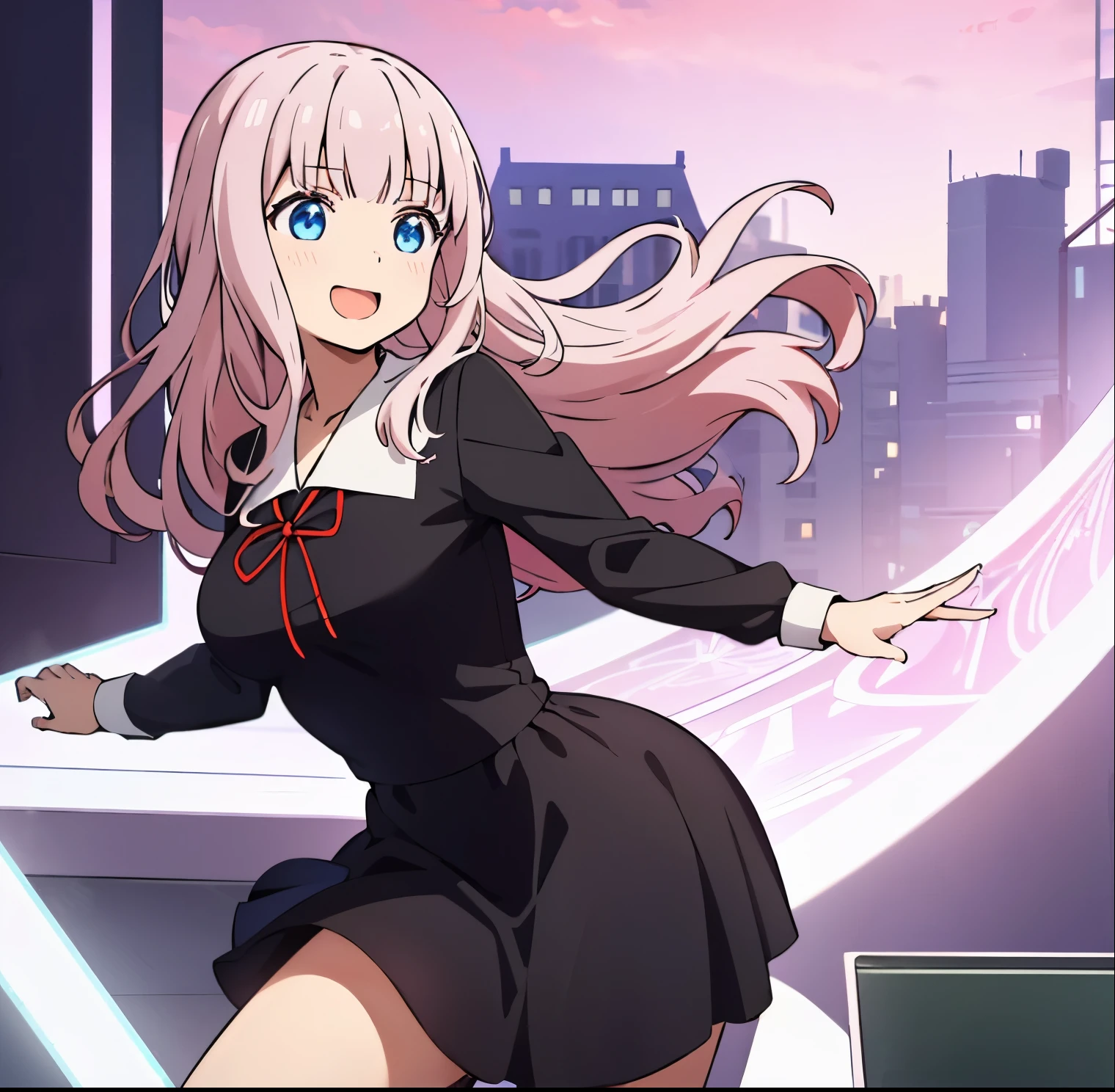 1girl, alone,, fujiwara_chika, shuuchiin_academy_school_uniform, long sleeves, black dress, masterpiece, best quality, finely detailed, distinct image, ultra resolution, ,, 1girl, looking_at_viewer, smile, open_mouth, house, face, hip focus, upskirt, , perfect hands, perfect anatomy