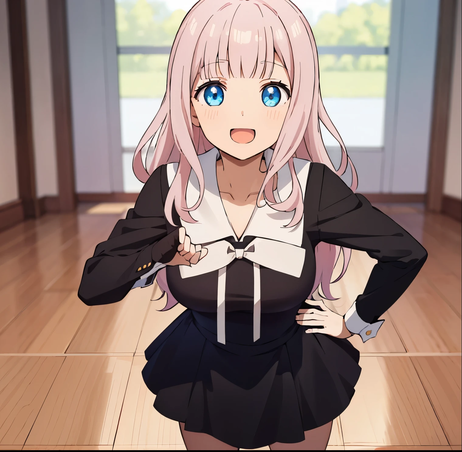 1girl, alone,, fujiwara_chika, shuuchiin_academy_school_uniform, long sleeves, black dress, masterpiece, best quality, finely detailed, distinct image, ultra resolution, ,, 1girl, looking_at_viewer, smile, open_mouth, house, face, hip focus, upskirt, , perfect hands, perfect anatomy 