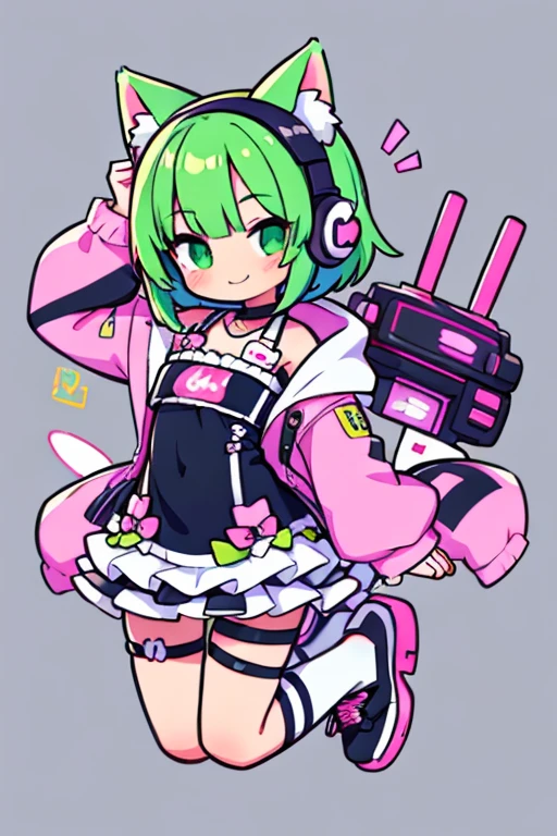 smile, idol, A kawaii mascot character design of simple 2D, Bob with green short hair, cat ears wearing headphones, bold LINE art, Girl,Create a highly detailed, full body illustration of a deformed character in a cyberpunk anime style, --ar 16:9 --niji 5 --style cute --s 100