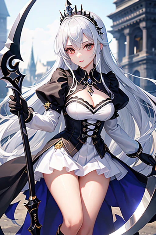 （（（highest quality、Masterpiece、Normal body、8k、Detailed face、Ultra-precision、Normal hand、Normal finger、５Finger、Highest）））Beautiful girl with golden and silver hair、Princess、Absolute Being、Twilight Dress、White and black skirt、Shiny Tiara、metal boots、Death Scythe、Game Scythe、Grim Reaper&#39;s Scythe、disaster々New Scythe、disaster々Aura、Reap the Soul、death penalty、Grim Reaper、grim Reaper、collapsing universe、Dimensional Destruction、The End of the Galaxy、Combat Ready、Death Scytheを振りかぶる、He lowers his waist, holds the scythe in both hands and swings it over his shoulder.、Brace your feet and put your hips in、reap