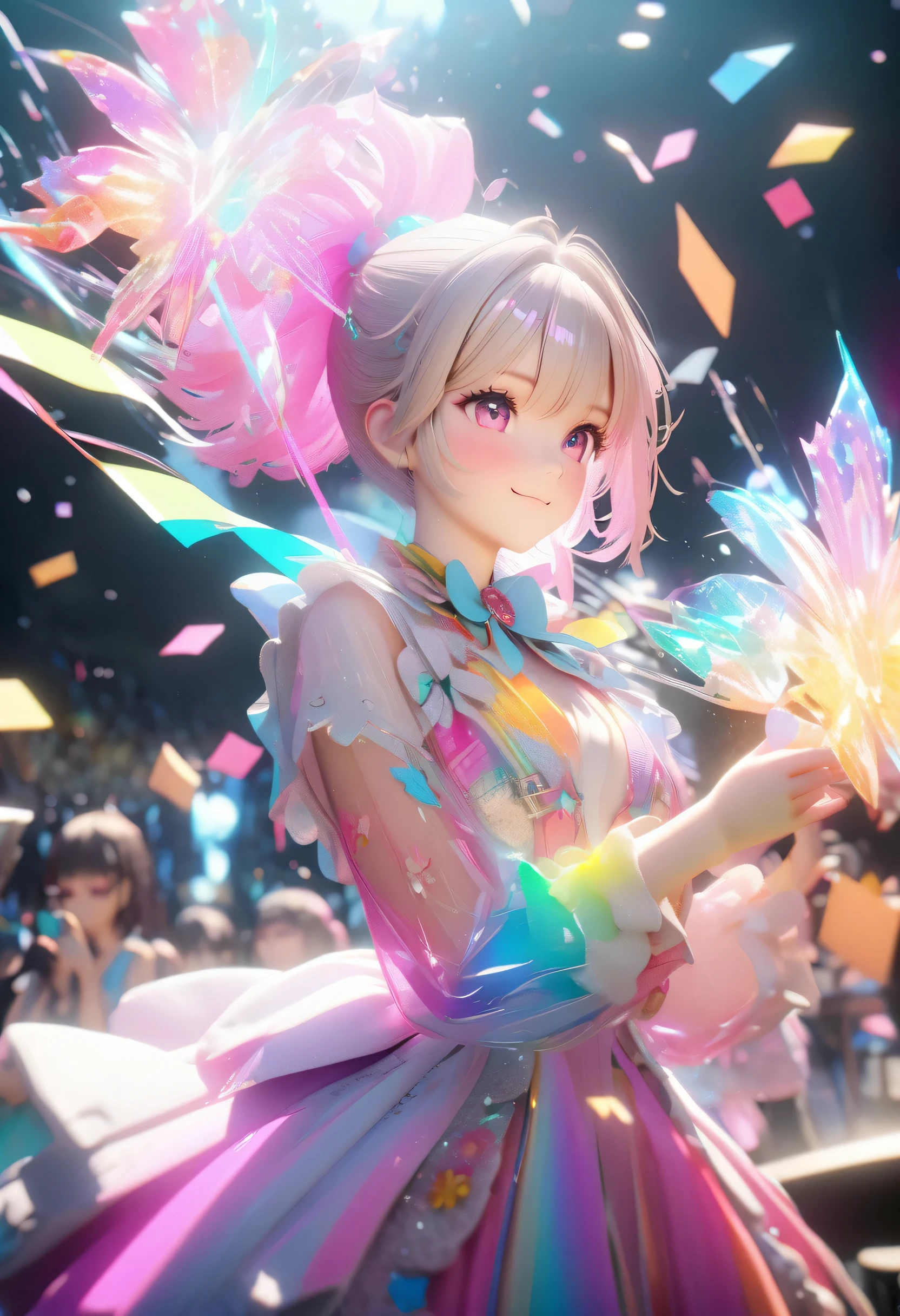 Idol Concert,holography, Draw in neon colors:Idol Concert:3 girls:future,Idol, transparent, 3D, Light, SF, Digital art, Digital, scientific, Dark Background: Draw in neon colors, 3D, masterpiece, Digital space, energy, beautiful, masterpiece, 8k, Light, become close, Vibrant, colorful, Nice, beautiful, Rich colors, beautiful Light Lines. Magical Effects, Shine, beautiful Light Grains,,BRAKE,Short hair girl on the right,,BRAKE,Girl with ponytail on the left,,BRAKE,Idol concert scene,flash,Very flash,Sparkling,Confetti,Grains of Light,Great concert scene,Super Idol Stage,perfume,,Smile at the audience,Fantastic,