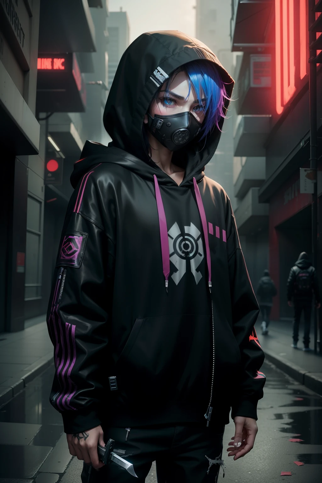 There was a boy wearing a mask and a black hoodie,knife in the hand, estilo cyberpunk hiper-realista,Estilo de anime cyberpunk digital,cores ciano
