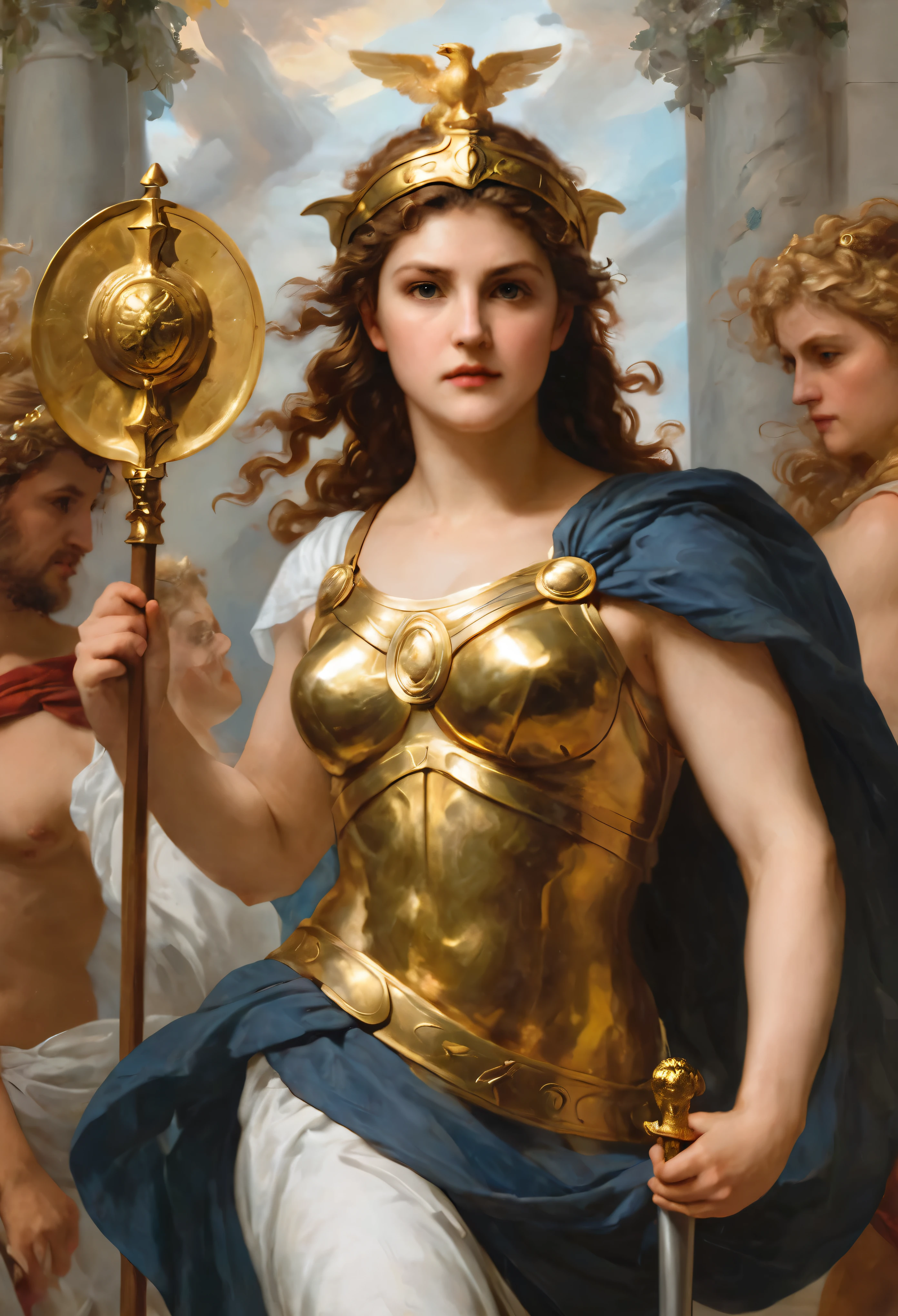a concept art piece depicting the Greek goddess Athena from Greek mythology in the style of Peter Paul Rubens. Capture the essence of Athena as the goddess of wisdom, warfare, and the arts, blending elements of classical Greek art with Rubens' Baroque style. Focus on incorporating Rubens' characteristic dynamic compositions, rich colors, and dramatic lighting to bring out the strength and wisdom associated with Athena. Pay attention to details such as her iconic helmet, shield, and spear, while infusing the artwork with a sense of power and grace reminiscent of both Rubens and the ancient Greek goddess.