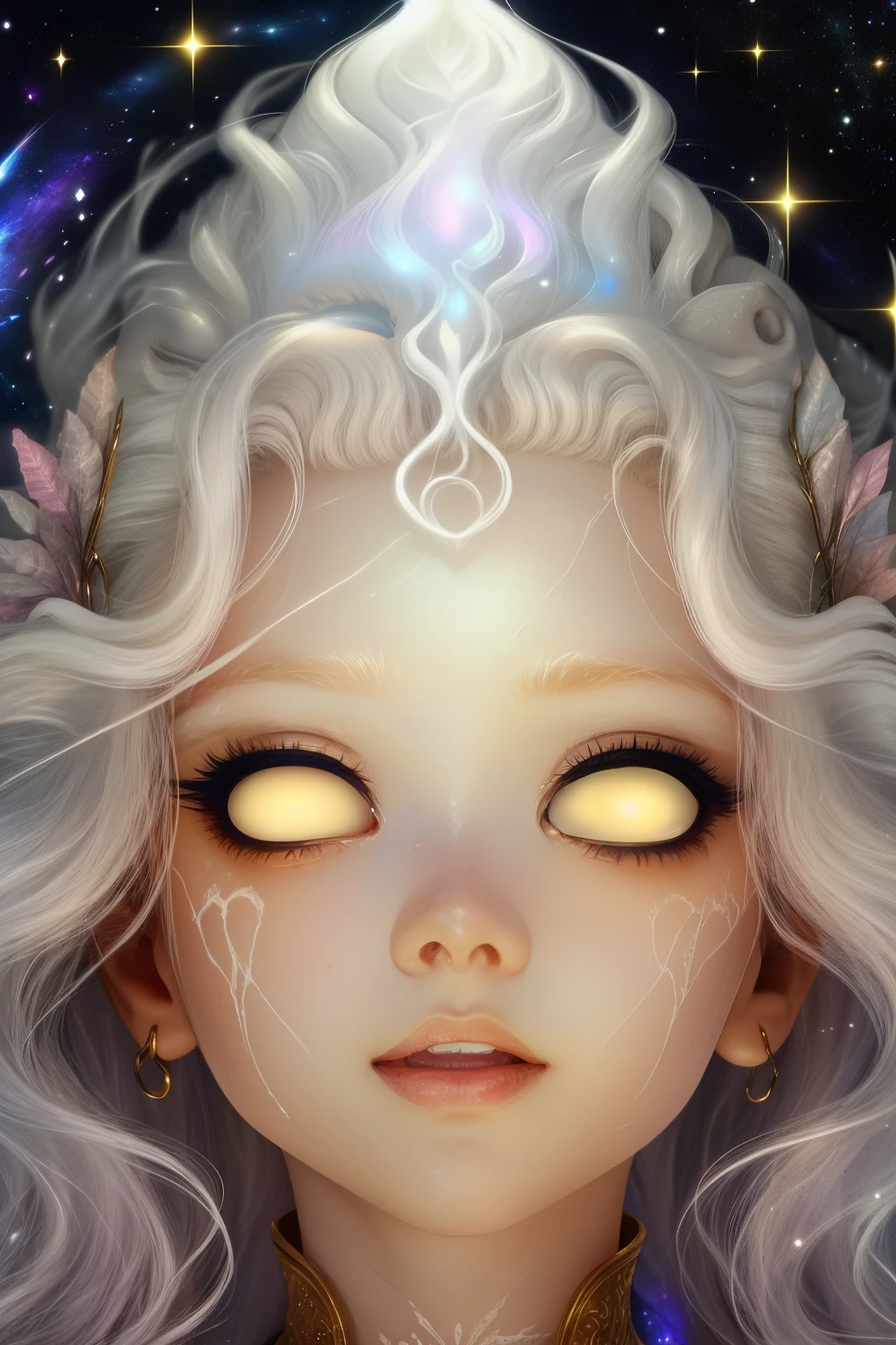 (This is a beautiful and colorful zoomed out fantasy cinematic image.) Generate a  (blind) zombie woman with curly hair and milky white eyes. Her face is extremely important and is beautiful with puffy lips, dirty skin, and perfect features. (Her eyes are important.) Her eyes are pure white. Her clothing is silk and torn. Her face and (body) have artful scars and marks. Include fantasy, masterpiece, ornate, cute, colorful, ((in action)), ((shirome eyes:1.3), compelling, energetic, ((albino celestialskin body)), ((zoomed out)), (active pose body)