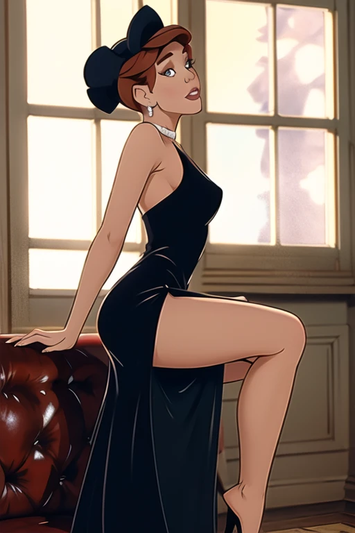 8k, highres, 1girl,danastasia, looking at viewer, indoors, room light, squatting, black dress, standing, from side, spread legs, pussy