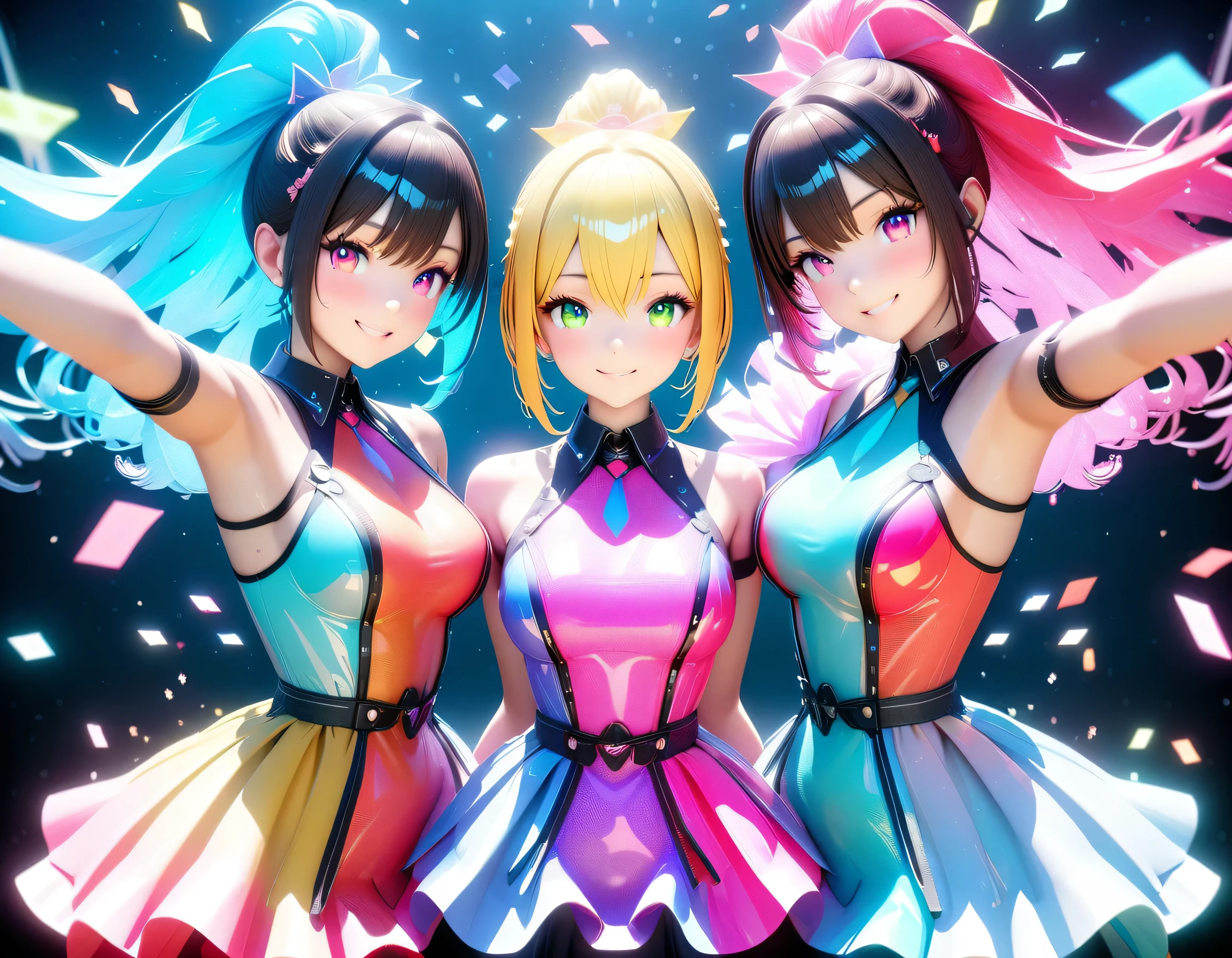 Idol Concert,holography, Draw in neon colors:Idol Concert:3 girls:future,Idol, transparent, 3D, Light, SF, Digital art, Digital, scientific, Dark Background: Draw in neon colors, 3D, masterpiece, Digital space, energy, beautiful, masterpiece, 8k, Light, become close, Vibrant, colorful, Nice, beautiful, Rich colors, beautiful Light Lines. Magical Effects, Shine, beautiful Light Grains,,BRAKE,Short hair girl on the right,,BRAKE,Girl with ponytail on the left,,BRAKE,Idol concert scene,flash,Sparkling,Confetti,Grains of Light,Great concert scene,Super Idol Stage,perfume,,Smile at the audience,Fantastic,