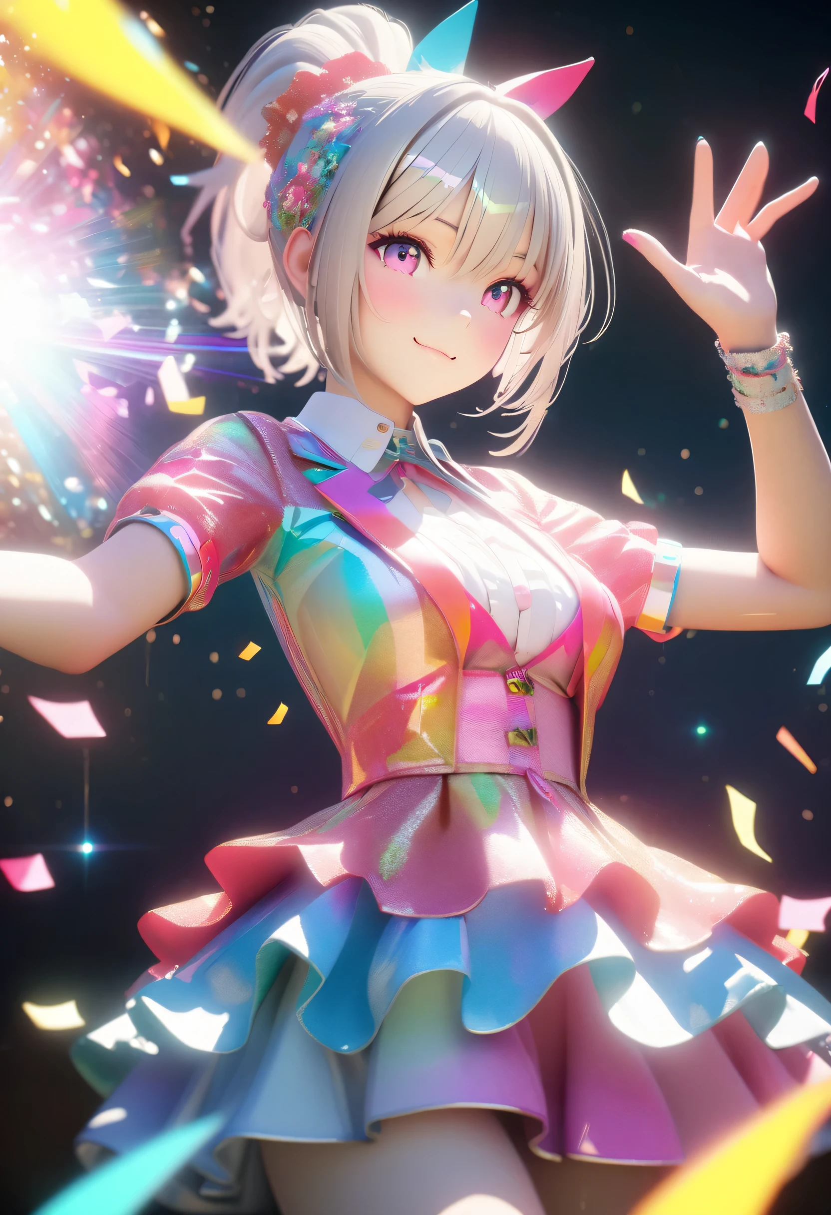 Idol Concert,holography, Draw in neon colors:Idol Concert:3 girls:future,Idol, transparent, 3D, Light, SF, Digital art, Digital, scientific, Dark Background: Draw in neon colors, 3D, masterpiece, Digital space, energy, beautiful, masterpiece, 8k, Light, become close, Vibrant, colorful, Nice, beautiful, Rich colors, beautiful Light Lines. Magical Effects, Shine, beautiful Light Grains,,BRAKE,Short hair girl on the right,,BRAKE,Girl with ponytail on the left,,BRAKE,Idol concert scene,flash,Very flash,Sparkling,Confetti,Grains of Light,Great concert scene,Super Idol Stage,perfume,,Smile at the audience,Fantastic,Anatomically correct,Hand Signs