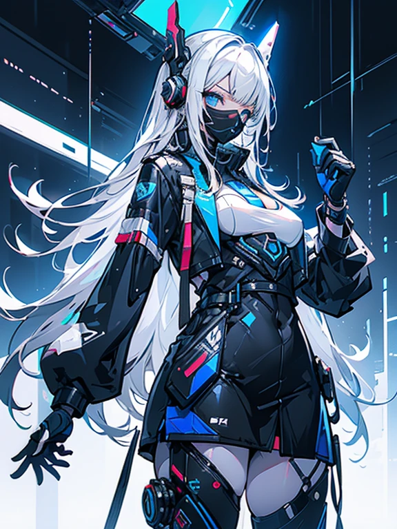 Alone, white hair, Long hair, Straight Hair, Deep blue eyes, Wear, Tech jacket, Thighs exposed, Cleavage, Small Breasts, Big Ass, thick sarcoid, (((Girl with tech mask and tech accessories))), White high-top sneakers, Background with cold neon lights and black, whole body,
