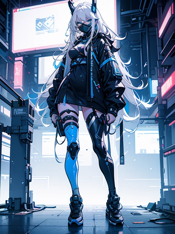 Alone, white hair, Long hair, Straight Hair, Deep blue eyes, Wear, Tech jacket, Thighs exposed, Cleavage, Small Breasts, Big Ass, thick sarcoid, (((Girl with tech mask and tech accessories))), White high-top sneakers, Background with cold neon lights and black, whole body,
