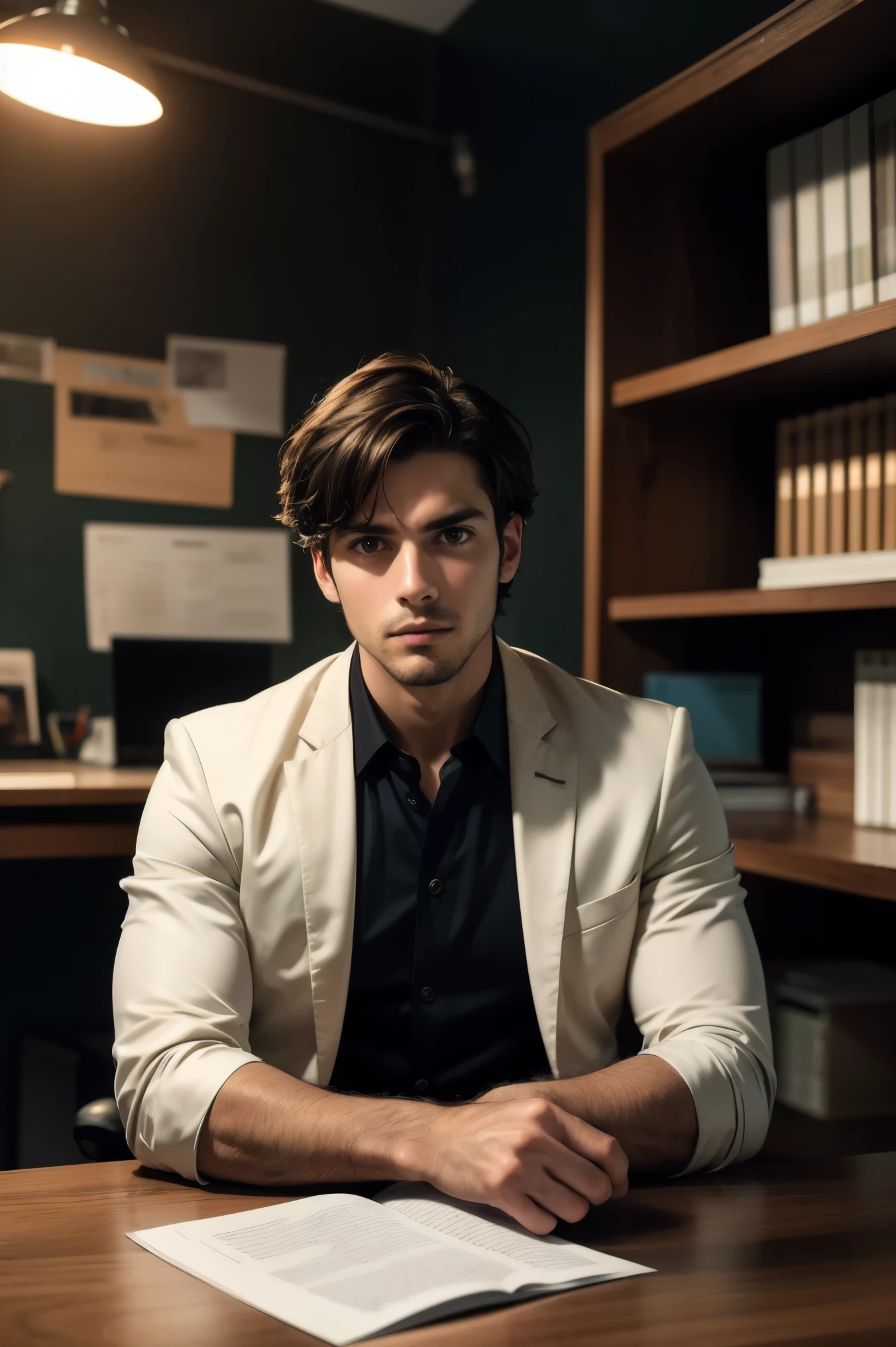Realistic fotography, raw, foto , A light-skinned man, no beard, with dark brown eyes and hair, short and well-groomed hair, wearing a light blazer over a black dress shirt, sitting in a padded chair behind a polished wooden desk, positioned like a news anchor, looking directly at the camera with confidence, in a modern office with shelves of organized books in the background, suggesting intelligence and professionalism, soft lighting highlighting facial details and clothing, enhancing his calm and serious facial expression
