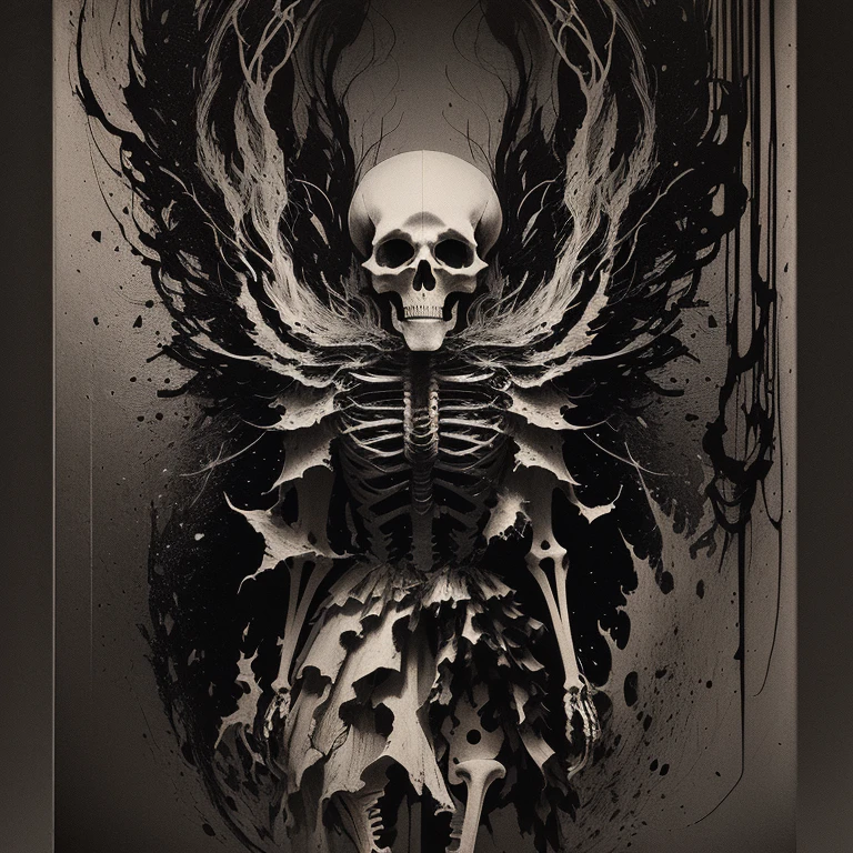 there is a black and white photo of a skeleton in a dress, abstract horror, inspired by Anna Füssli, grainy damaged photo, damaged photo, the nonlinear. digital painting, weird abstract, spiritual abstract forms, archival pigment print, inspired by Germaine Krull, abstract occult epic composition, ( ( abstract ) ), dark and intricate photograph