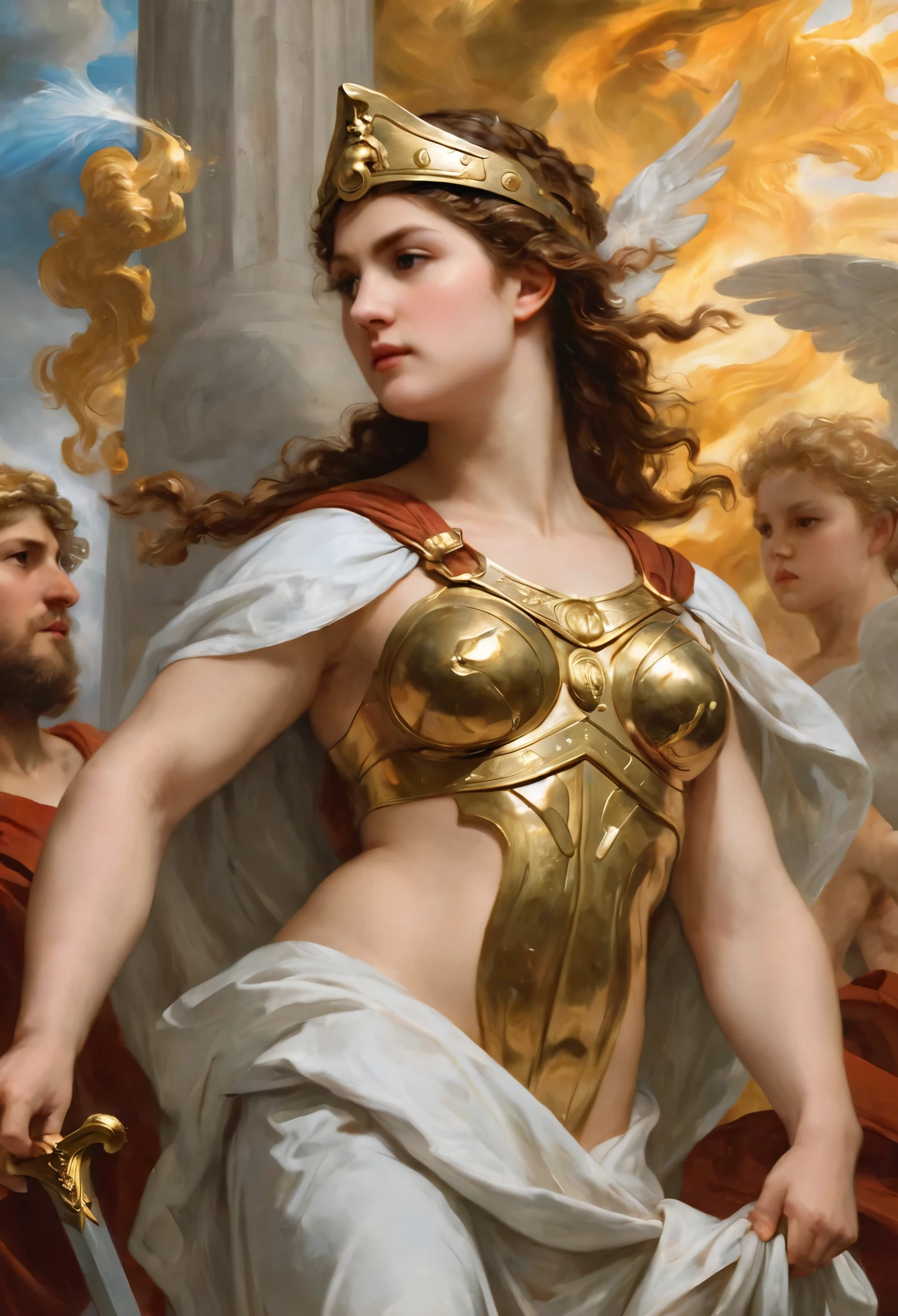 a concept art piece depicting the Greek goddess Athena from Greek mythology in the style of Peter Paul Rubens. Capture the essence of Athena as the goddess of wisdom, warfare, and the arts, blending elements of classical Greek art with Rubens' Baroque style. Focus on incorporating Rubens' characteristic dynamic compositions, rich colors, and dramatic lighting to bring out the strength and wisdom associated with Athena. Pay attention to details such as her iconic helmet, shield, and spear, while infusing the artwork with a sense of power and grace reminiscent of both Rubens and the ancient Greek goddess,no people in the background, ethereal nature background,