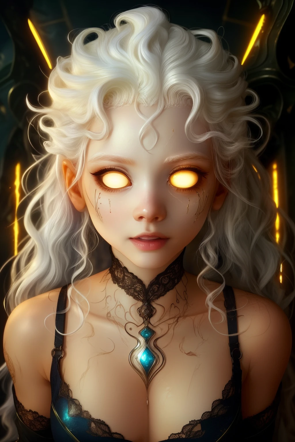 (This is a beautiful and colorful zoomed out fantasy cinematic image.) Generate a  (blind) zombie woman with curly hair and milky white eyes. Her face is extremely important and is beautiful with puffy lips, dirty skin, and perfect features. (Her eyes are important.) Her eyes are pure white. Her clothing is silk and torn. Her face and (body) have artful scars and marks. Include fantasy, masterpiece, ornate, cute, colorful, ((in action)), ((shirome eyes:1.3), compelling, energetic, ((albino celestialskin body)), ((zoomed out)), (active pose body)