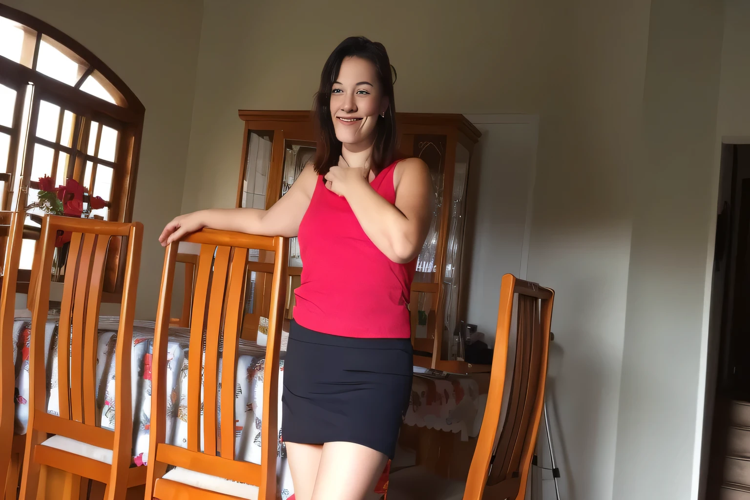 In the image, a light brunette woman is standing in a room with wooden floors and furniture, leaning on a chair. woman in a red tank top and black skirt standing next to a white dog, wearing shorts/skirt, wearing a tank top and shorts/skirt, photo from the middle of the waist up, wearing red shorts, attacking the camera :4, with a red skirt, wearing red blouse and black shorts/skirt, wearing skirt, dressed in top and shorts, wearing honey themed mini skirt, wearing tight and simple clothes, full body wide shot, full body shot, mini skirt. She has short hair and wears a vibrant red tank top ((((red tank top))) and a short black skirt ((((short black skirt)))). Standing and leaning on a chair. The room around her. It is bright, with wooden furniture and patterned carpet.The room appears to be a dining area, as indicated by the table and chairs in the background, smiling and charming, it seems to contain a world of wonder and her face is the definition of highly realistic beauty. , reddish skin, beautiful and slightly plump lips, red lipstick, smiling, feeling of lightness and joy, very elaborate skin, full body photo, clear photo, high quality, high resolution, masterpiece, high quality), Ultra HD, High Contrast, Print Masterpiece 16K:1.3, High Resolution, (Photographically Realistic) HD, High Contrast, High Resolution, (Photographically Realistic Resolution, (Photographically Realistic)).