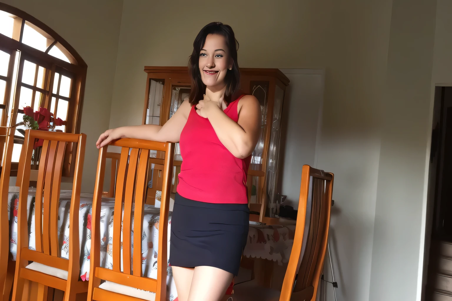 In the image, a light brunette woman is standing in a room with wooden floors and furniture, leaning on a chair. woman in a red tank top and black skirt standing next to a white dog, wearing shorts/skirt, wearing a tank top and shorts/skirt, photo from the middle of the waist up, wearing red shorts, attacking the camera :4, with a red skirt, wearing red blouse and black shorts/skirt, wearing skirt, dressed in top and shorts, wearing honey themed mini skirt, wearing tight and simple clothes, full body wide shot, full body shot, mini skirt. She has short hair and wears a vibrant red tank top ((((red tank top))) and a short black skirt ((((short black skirt)))). Standing and leaning on a chair. The room around her. It is bright, with wooden furniture and patterned carpet.The room appears to be a dining area, as indicated by the table and chairs in the background, smiling and charming, it seems to contain a world of wonder and her face is the definition of highly realistic beauty. , reddish skin, beautiful and slightly plump lips, red lipstick, smiling, feeling of lightness and joy, very elaborate skin, full body photo, clear photo, high quality, high resolution, masterpiece, high quality), Ultra HD, High Contrast, Print Masterpiece 16K:1.3, High Resolution, (Photographically Realistic) HD, High Contrast, High Resolution, (Photographically Realistic Resolution, (Photographically Realistic)).