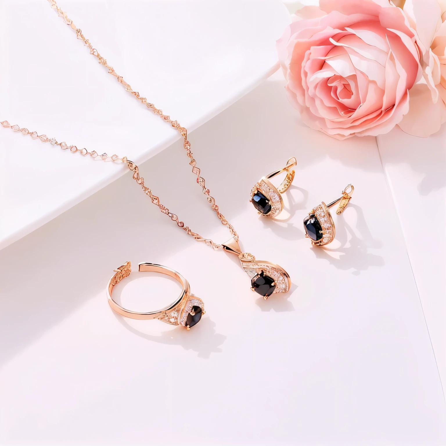 a close up of a necklace, ring, and earrings on a plate, gold jewerly, gold jewelry, gold plated, black and blue and gold jewelry, jewelry, black jewellery, sparkling dark jewelry, gold, black jewerly, charming, set against a white background, navy, rose gold, black, wearing elegant jewellery, crystal, 8 k. elegant
