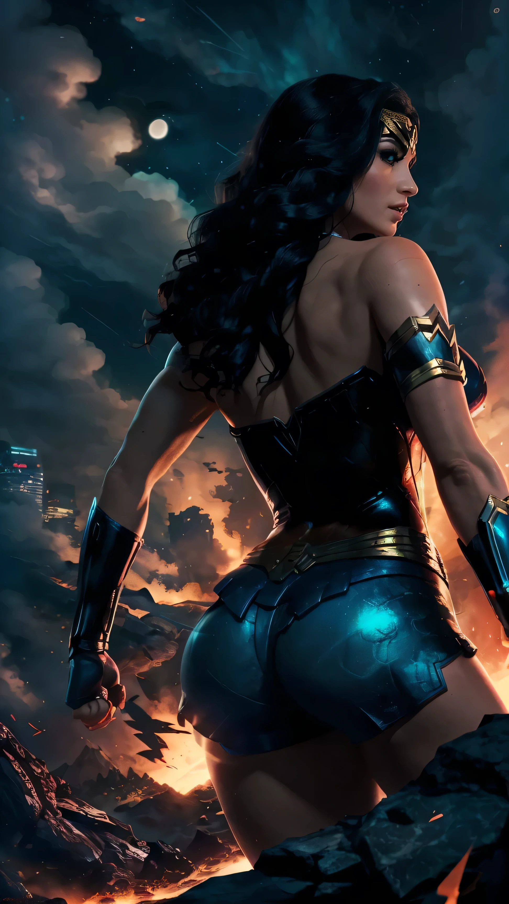 Super heroine wonder woman point of view from back,Looking back,fondo ciudad nocturna 