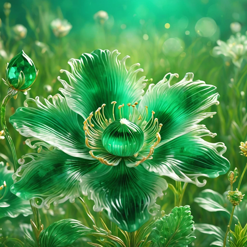 best quality, very good, 16K, ridiculous, Extremely detailed, Gorgeous transparent emerald flower, Background grassland（（A masterpiece full of fantasy elements）））， （（best quality））， （（Intricate details））（8k）