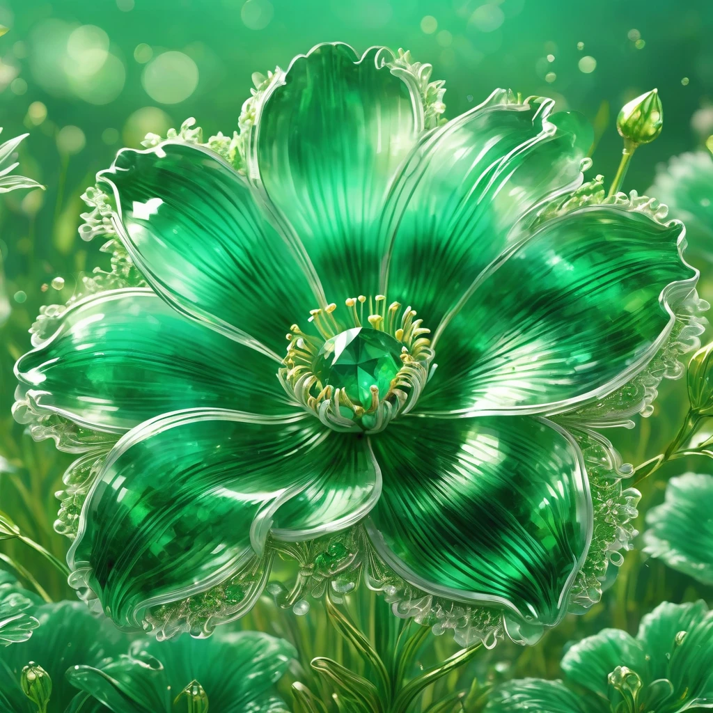 best quality, very good, 16K, ridiculous, Extremely detailed, Gorgeous transparent emerald flower, Background grassland（（A masterpiece full of fantasy elements）））， （（best quality））， （（Intricate details））（8k）